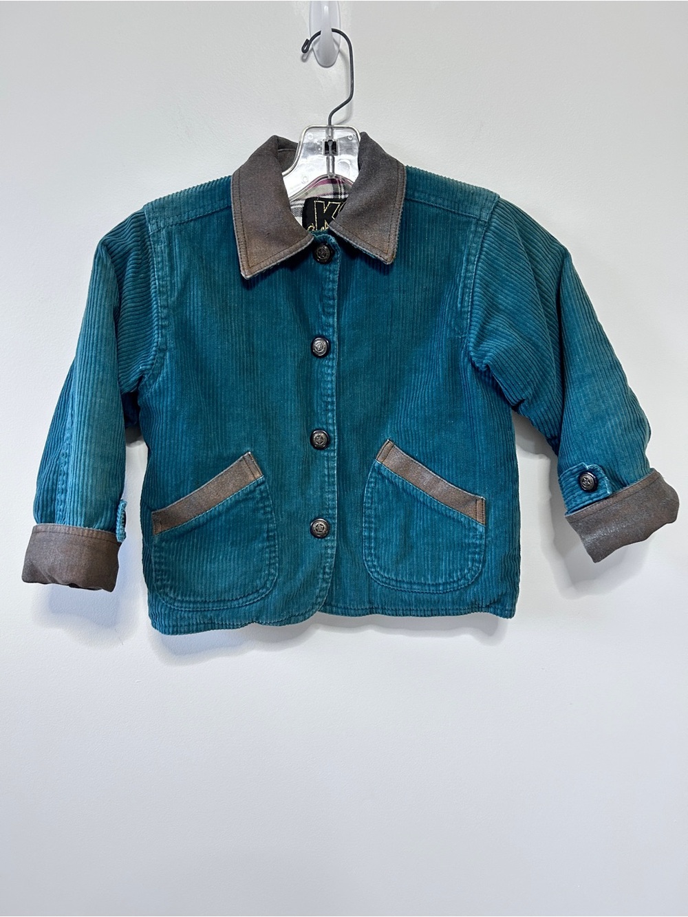 KC Collections Kids Medium Teal Green Corduroy Plaid Lined Barn bJacket Coat